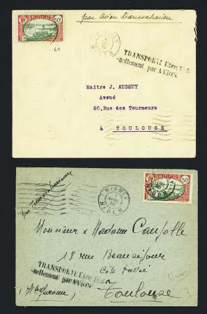 2 lettres AFF Cameroun n°41 OBL Niamey (7 avril et 4 juillet 1935) avec griffe locale noire "transporté exceptionnelement par avion" et mention manuscrite "par avion transsaharien". TB