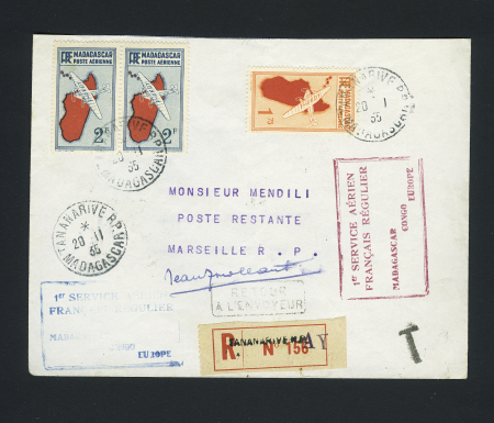 18/29.11.1935. Tananarive - Marseille : lettre avec cachets rect bleu et rouge "1er service aérien régulier Madagascar Congo Europe" et signature de Jean Assollant (M64). TB