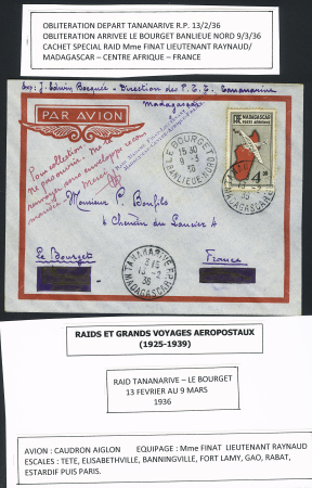 13/2 - 9/3. 1935 - Le Bourget - Tananarive : lettre avec petite griffe violette "Raid Madame Finat - Lietenant Raynaud Madagascar - Centre Afrique - France" (M74). Rare et TB