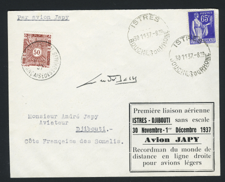 N°365 OBL CAD horolan d'Istres sur enveloppe avec cachet rect imprimé "première liaison aérienne Istres - Djibouti sans escale 30 novembre 1er décembre 1937 avion Japy - recordman du monde de distance en ligne droit
