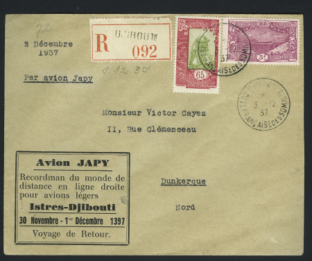 3.12.37; Vol retour de Japy Djibouti-Istres avec même cachet rect imprimé que lot précédent mais avec erreur 1397 au lieu de 1937 (Côte des Somalis M16). TB