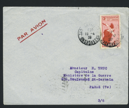 17.4.1939 Madagascar - France (RM - RAA - AF) (Muller n°109). Rare et TB