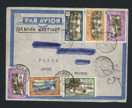 Nouvelle Calédonie n°150, 2 pièces + 157 + 151 + 150 + 146 avec surcharge "1er courrier aérien Nlle Calédonie France via Australie" (avion Martinet - M14). Adresse rayée sion TB