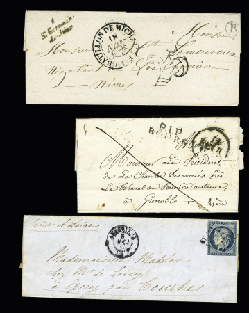 AIN : 8 lettres classiques et sage dont cursive "11 St Germain de Joux" (ind 14 - 1852) et n°28 OBL T16 Belley (1868). TB