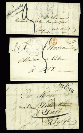BASSES-ALPES : 6 lettres avec MP dont cursives "5 Valensole" (2) et 5 Mezel". TB
