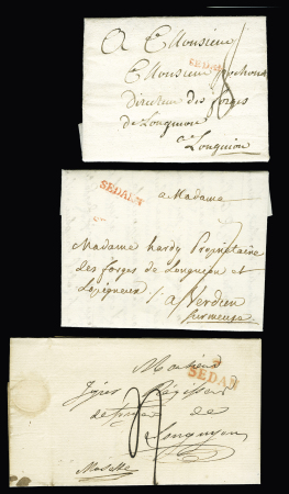 ARDENNES : 7 lettres avec double cursive "7 Charleville Mézières" et diverses MP de Sedan en rouge. TB