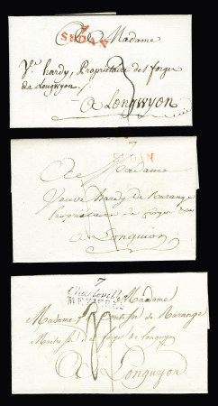 ARDENNES : 7 lettres avec double cursive "7 Charleville Mézières" et diverses MP de Sedan en rouge. TB