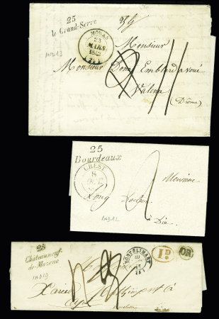 DROME : 3 cursives "25 Bordeaux" (ind 12), "25 Chateauneuf de Mazenc" (ind 19 - 1845) et "25 Le Grand-Serre" (1842 - ind 13). TB