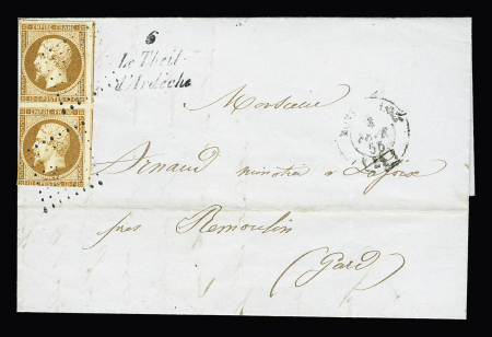 N°13 en paire OBL PC 2079 + T15 "Montelimart (25)" (1855) + cursive "6 Le Theil d'Ardèche" sur lettre. Rare 