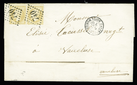 N°21 en paire OBL GC 740 + T15 "Carpentras boite mobile" (1866) sur lettre, ind 22. TB