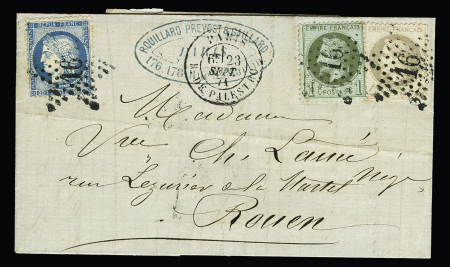 N°25 + 27 + 37 OBL étoile 16 + CAD "Paris R. de Palestro (23 sept 71) sur lettre, AFF tricolore. TB