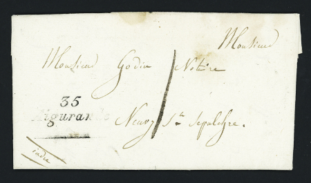 Cursive "35 Aigurande" (1830) + taxe manuscrite 1, ind 20. TB