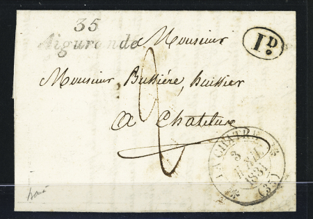 Lettre avec cursive "35 Aigurande" + T12 "La Châtre" (1831) + décime rural et taxe 2 manuscrite, ind 22. TB