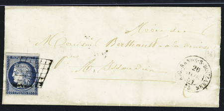N°4 OBL grille + T15 "Aigurande-s-Bouzanne 35" (1851) sur lettre, ind 15. TB