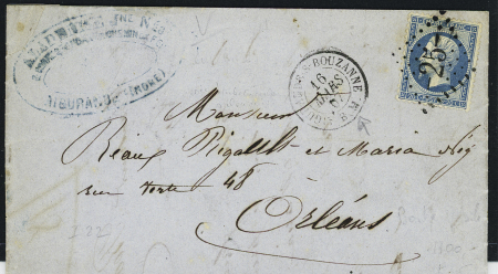 N°22 OBL GC 25 + T15 "Aigurande-s-Bouzanne M" (1867) sur lettre, ind 23. RR