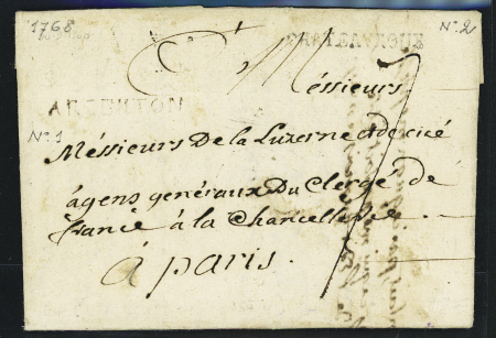 ARGENTON : Lettre de 1768 pour Paris avec MP "Argenton" (L n°1) et "Chateauroux" (L n°2). Association rare. TB