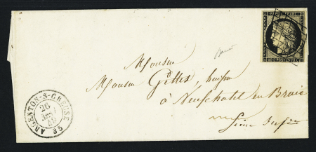 N°3 OBL grille + T15 "Argenton-s-Creuse 35" (1849) sur lettre, ind 13. TB