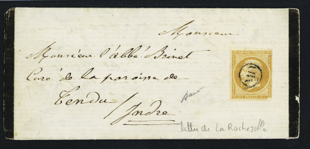 N°13, 10c bistre, au filet à droite, OBL "OR" dans un cercle sur faire-part de deuil daté de La Rocherolle, ind 19. TB