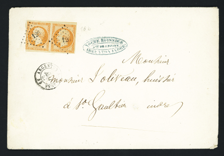 N°16, 40c orange en paire OBL PC 126 + T15 "Argenton-s-Creuse 35" (1857). TB