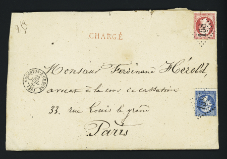 N°22 + 24 OBL GC 158 + T15 "Argenton-s-Creuse (35)" (1867) sur lettre lourde contenant un dossier concernant un colonel impliqué dans des affaires louches. TB