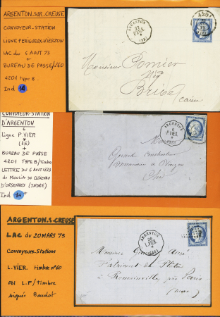 3 lettres avec convoyeurs stations "Argenton P.Vier" (2) et "Argenton L. Vier", dont l'une AFF n°60 OBL bureau de passe 4201 (1873). TB lot