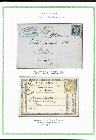 N°60 OBL bureau de passe 4201 + CAD conv-station "Argenton P. Vier (35)" sur lettre et n°55 OBL bureau de passe 4201 + CAD conv station "Argenton Vier P" sur carte postale précurseur. TB