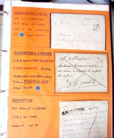 Bel album brun simili-cuir Leuchtturm avec boitier : 83 plis d'Argenton -s-Creuse dont MP Lenain n°1 et 2, 2 lettres AFF n°4 OBL grille + T15, n°20 + 37 (AFF d'oct 1871). TB