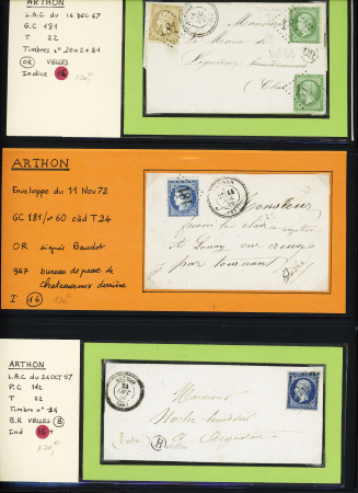 4 lettres d'Arthon : PC 142 + T22, GC 181 + T22, T24 et T17 dont l'une avec BR B de velles et OR de Rozet, ind 16 chacune. TB