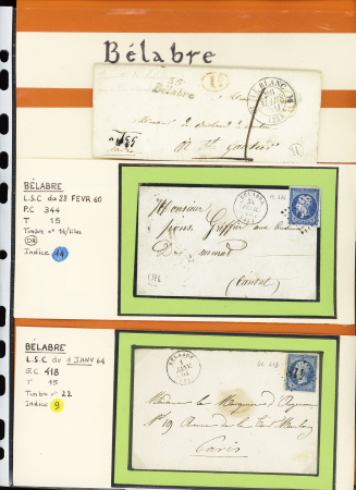BELABRE : 8 lettres dont 2 cursives "35 Bélabre" et n°60 OBL T16 Bélabre (1 avril 1876 - 1er jour du CAD après suppression des GC). TB lot