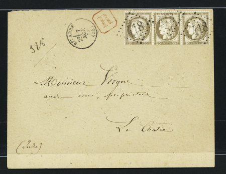 N°56, 30c brun, bande de 3 OBL GC 418 + T16 Bélabre (1874) sur lettre recommandée. TB