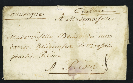 LE BLANC : rare marque manuscrite "du Blanc" (1731) avec au verso sceau de cire rouge "fermes de France" avec 3 fleurs de lys. TB
