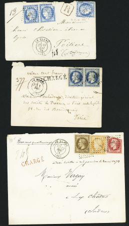 LE BLANC : 3 lettres recommandées et chargées dont n°30 + 32 (def) + 38 OBL PC DU GC 490 + T17 Le Blanc (1868). TB