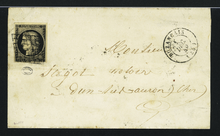N°3 OBL grille + T15 Buzançais (1849) sur lettre, ind 18. TB