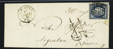 N°4 OBL grille + T15 "Buzançais (35)" (1852) sur lettre avec taxe 25 double trait annulée plume. TB