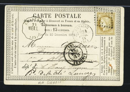CHABENET : n°55 OBL losange de points évidé + CAD convoyeur station "Chabenet Vier L (35)" (1874) sur carte postale précurseur, non signalé (ind 19). TB