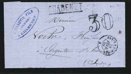 LST de Chabenet pour Argenton avec CAD ambulant de nuit "Paris à Limoges A" (1859) + taxe 30 double-trait et griffe de gare "Chabenet". Rare et TB