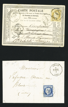 N°60 OBL bureau de passe 4201 (1873) + CAD conv. Station "Célon P. Vier (35)" sur lettre et n°55 OBL bureau de passe 4201 + CAD conv station "Chabenet P. Vier" (1874) sur CP précurseur. TB
