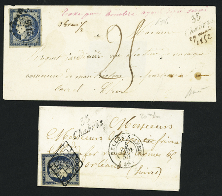 2 lettres : n°4 sur lettre avec taxe 25 manuscrite + cursive "35 Chabris" et mention à l'encre rouge "taxe pour timbre ayant déjà servi" et n°4 OBL grille + cursive "35 Chabris" et T15 Selles-s-Cher (1850), ind 20 e