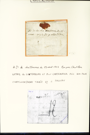 Lettre de Lauterbourg (67) pour Chateauroux avec au verso marque manuscrite "Deb de Chateauroux du 25 aoust 1793", ind 16. TB