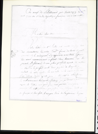 Lettre de Lauterbourg (67) pour Chateauroux avec au verso marque manuscrite "Deb de Chateauroux du 25 aoust 1793", ind 16. TB