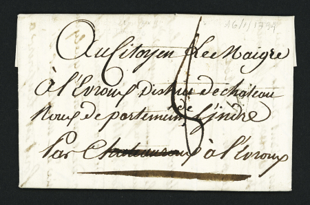 Lettre avec au verso marque manuscrite "Deb d'Indre ville de bonivos (?) BP Levroux" (1794, ind 23. Rare et TB