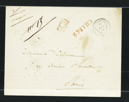 Lettre sans timbre avec CAD "Chateauroux (35)" (14 dec 1850) + griffes rouges "chargé" et "PP" encadré. TB