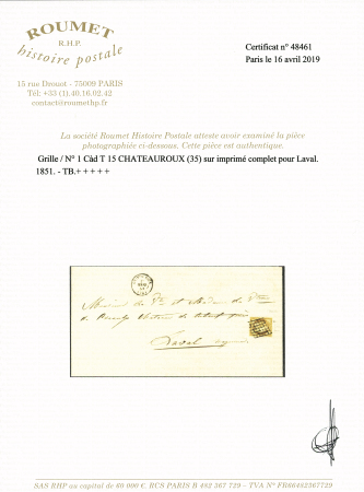 N°1, 10c bistre-jaune, OBL grille + T15 "Chateauroux (35)" (1851) sur imprimé pour Laval. TB