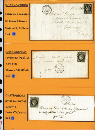 6 lettres AFF n°3 OBL grille + T15 Chateauroux (l'une AFF avec 2 exemplaires du n°3). TB