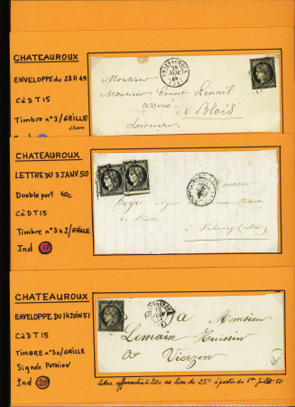 6 lettres AFF n°3 OBL grille + T15 Chateauroux (l'une AFF avec 2 exemplaires du n°3). TB
