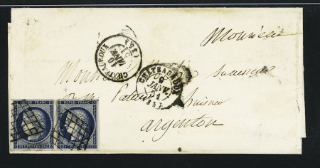 N°4 en paire OBL grille + T15 Chateauroux (10 janv 1851) sur lettre, ind 17. TB 