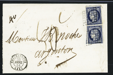 N°4, 2 pièces, OBL grille + T15 Chateauroux (28 fev 51) sur lettre avec taxe manuscrite 50c. TB