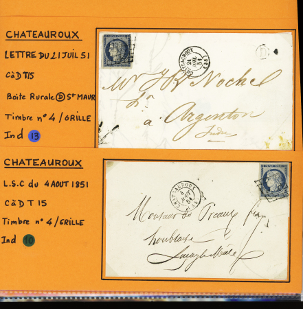 10 lettres de Chateauroux AFF n°4, 25c bleu OBL grille ou PC. TB