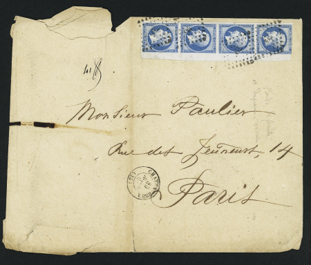 N°14, 20c bleu, bande de 4 verticale avec BDF à droite OBL PC 796 + T15 Chateauroux (1861) sur lettre. TB