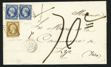 N°13 + 14, 2 pièces, OBL PC 796 + T15 Chateauroux (1860 sur lettre avec taxe manuscrite 70c (tarif des lettres non affranchies 3ème échelon). TB